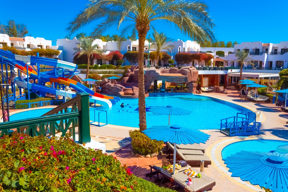 Sharm El Sheikh, Egypt - February 13, 2020: The view of hotel Verginia Sharm Resort and Aqua Park 4 stars at Sharm El Sheikh, Egypt on February 13, 2020