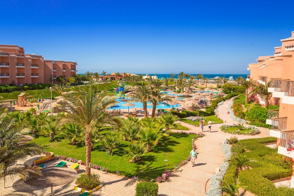 HURGHADA, EGYPT - APR 13, 2013: Tropical resort Three Corners Sunny Beach in Hurghada. Three Corners is Belgian company with 11 hotels at Red Sea in Egypt and one in Budapest, Hungary.